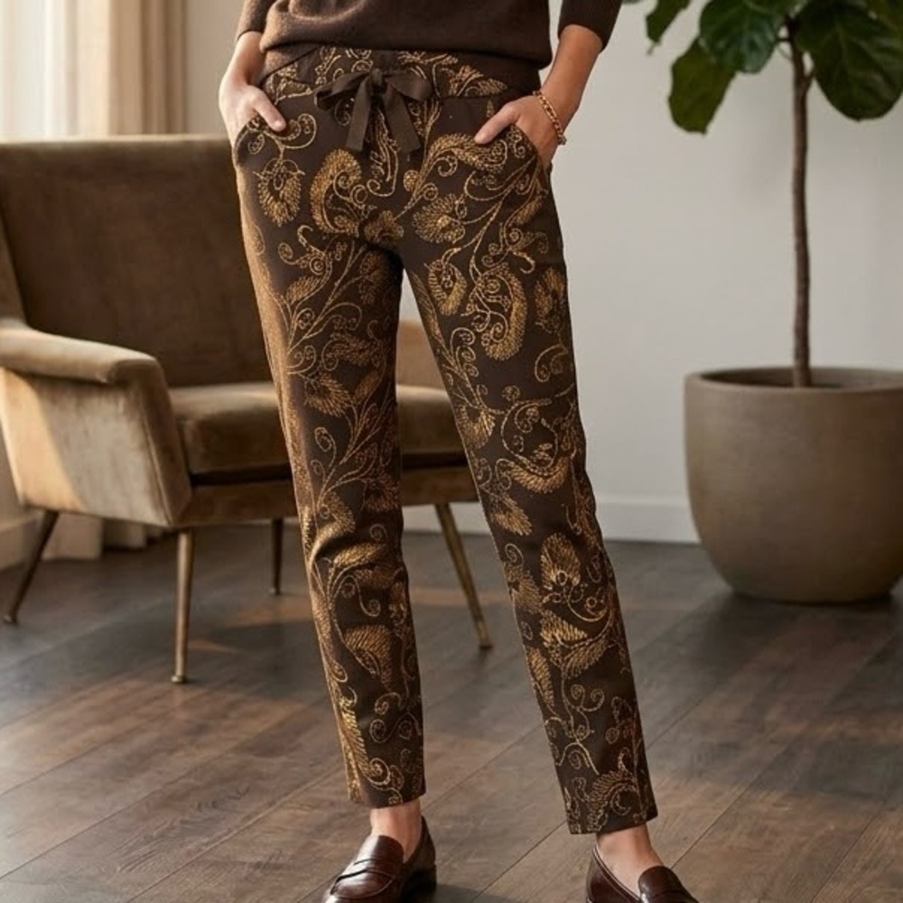 Elissia Italy Chocolate Brown Gold Baroque Metallic Print Pull-On Trousers Rich